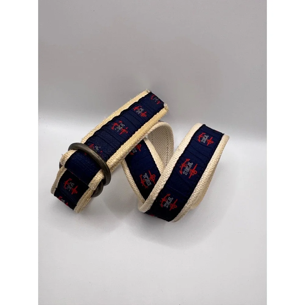 YRI Sailing Research Navy Anchor Embroidered Canvas D-Ring Belt Cream 41.5 Inch